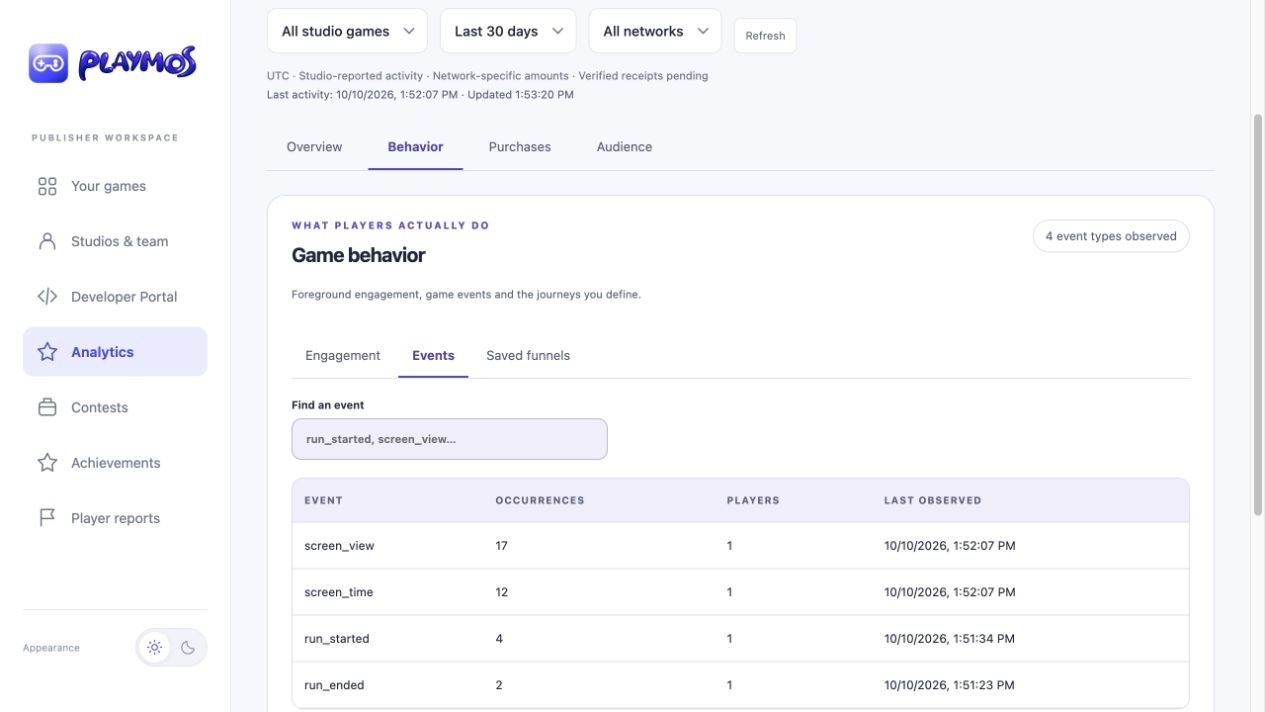 Light-mode custom event report with run starts, outcomes and screen events